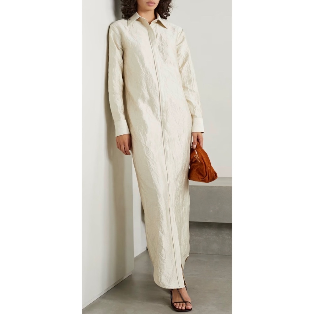 BRANDON MAXWELL CRINKLED SATIN TWILL MAXI SHIRT DRESS